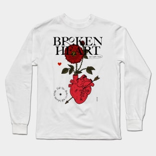 Red heart with red flower and quote Broken heart Long Sleeve T-Shirt